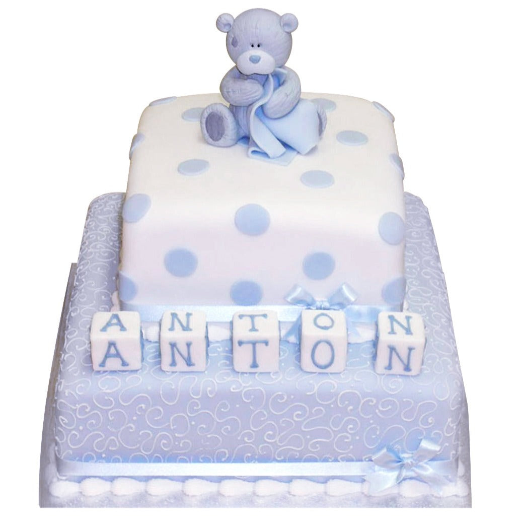 2-tiered cake with teddy holding blanket - pink or blue teddy & decorations